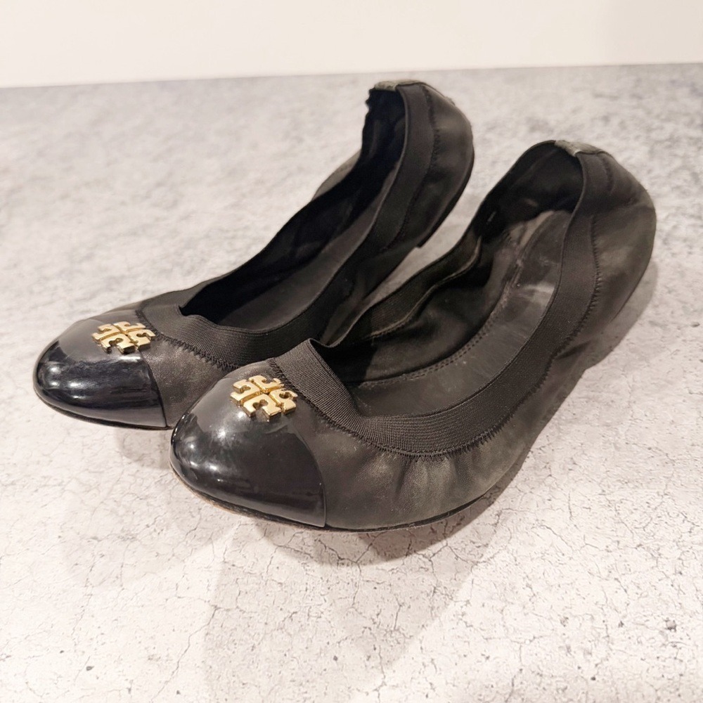 Tory Burch Jolie ballet elastic band flats Black Leather Size‎ 9.5
